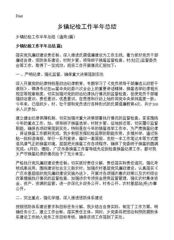 乡镇纪检工作半年总结 (共4页)