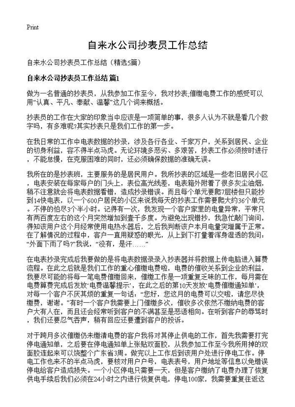 自来水公司抄表员工作总结