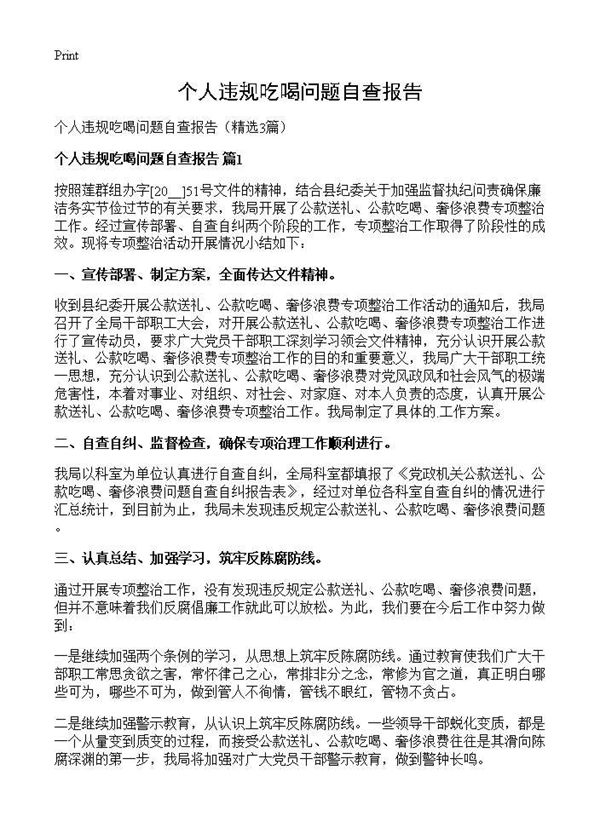 个人违规吃喝问题自查报告 (共3页)