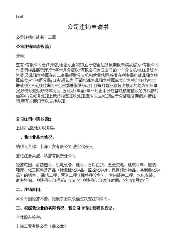 公司注销申请书 (共5页)