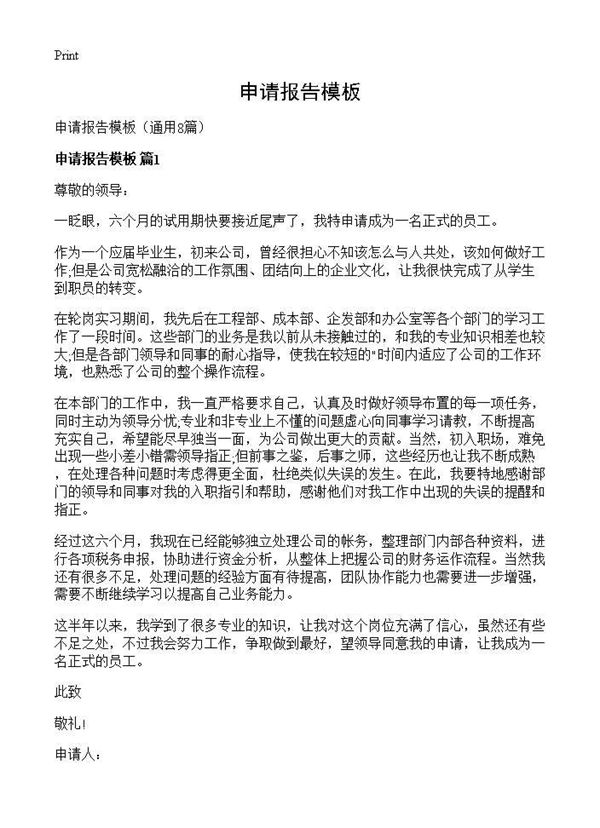 申请报告模板 (共4页)