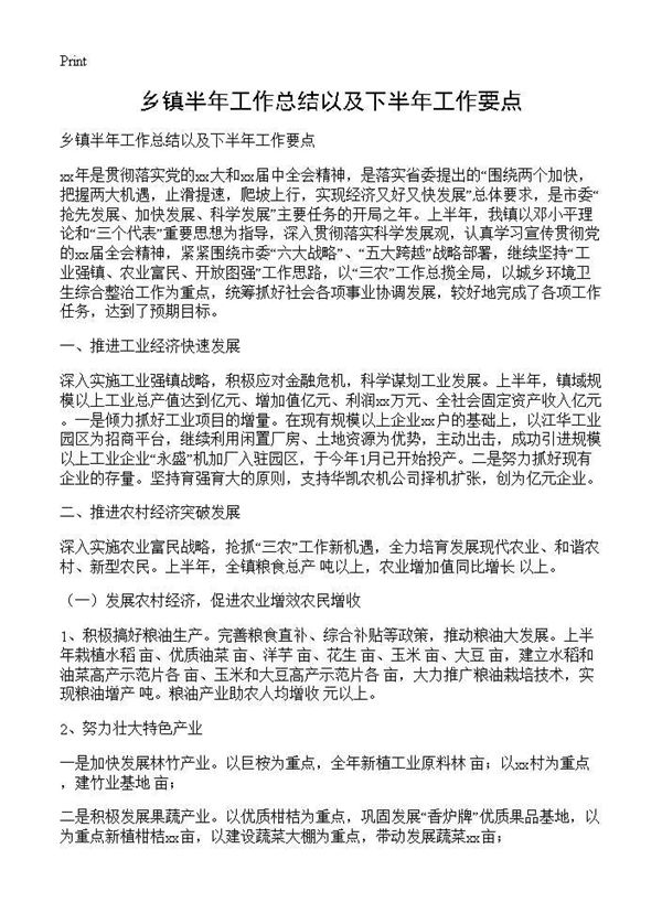 乡镇半年工作总结以及下半年工作要点 (共2页)