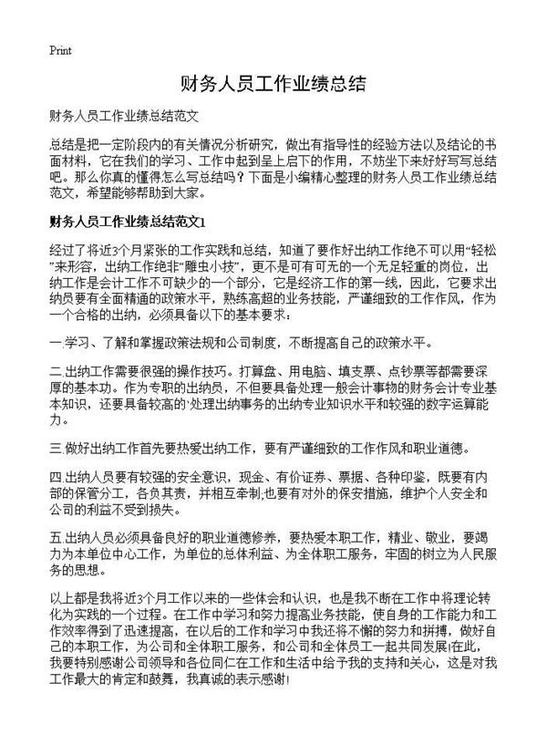 财务人员工作业绩总结 (共6页)