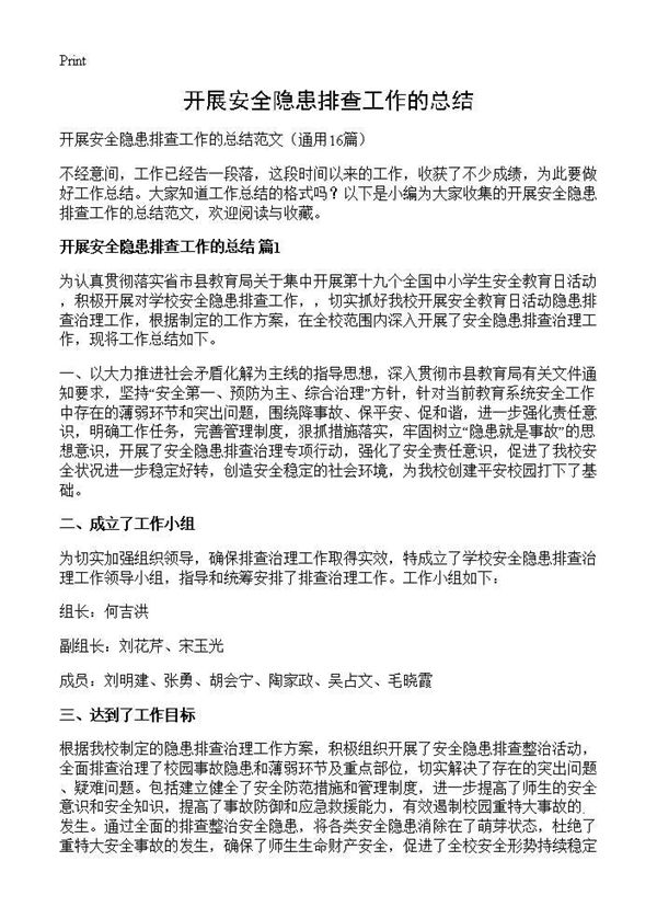 开展安全隐患排查工作的总结 (共23页)