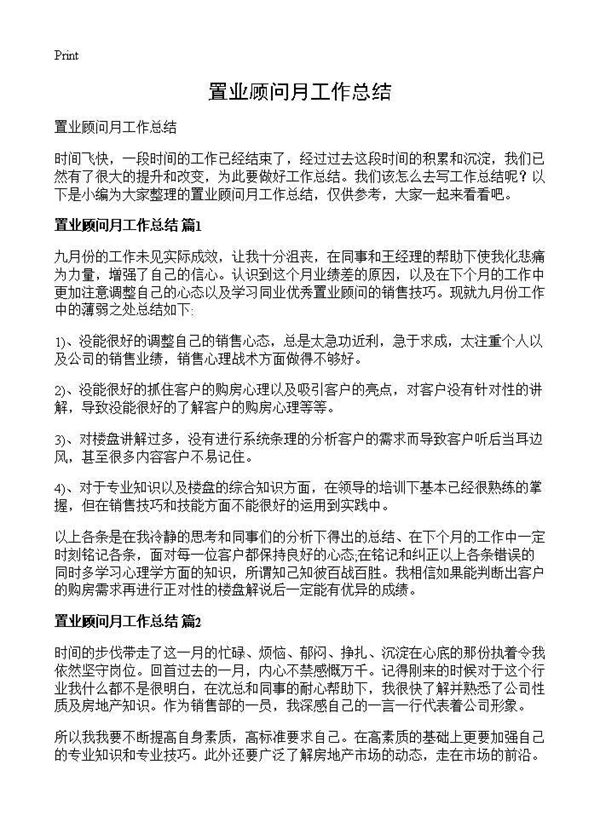 置业顾问月工作总结 (共2页)