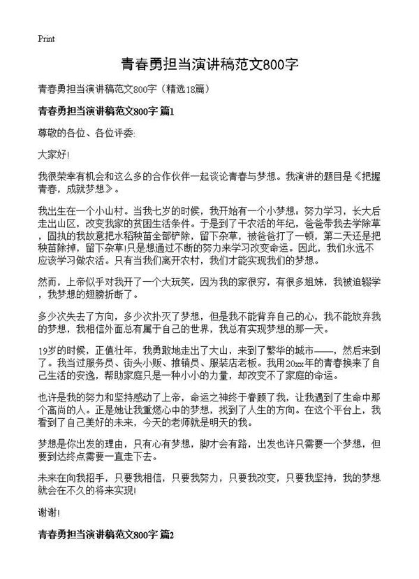 青春勇担当演讲稿范文800字 (共14页)