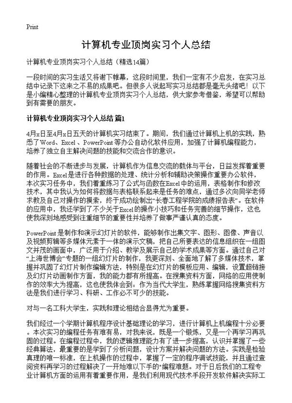 计算机专业顶岗实习个人总结 (共17页)