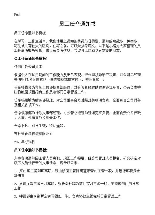 员工任命通知书 (共1页)