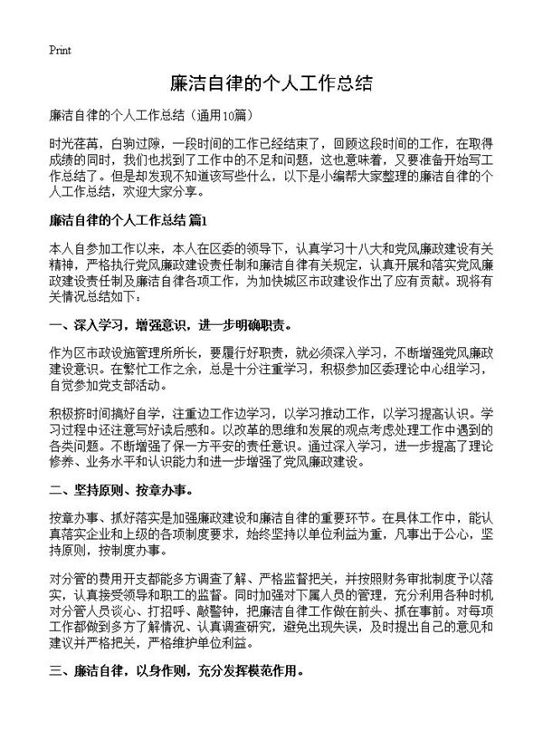 廉洁自律的个人工作总结 (共12页)