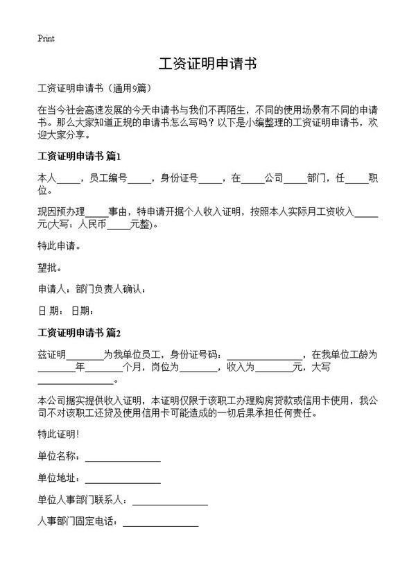 工资证明申请书 (共4页)