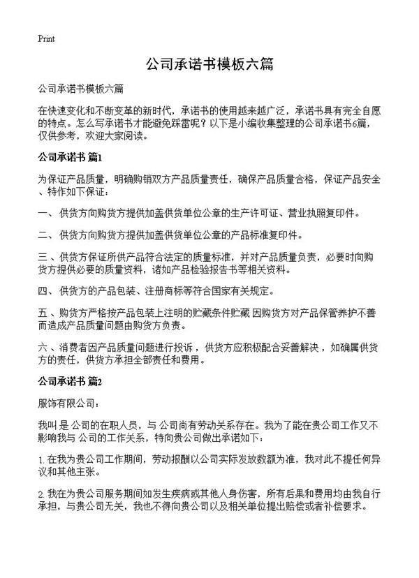 公司承诺书模板六篇 (共4页)