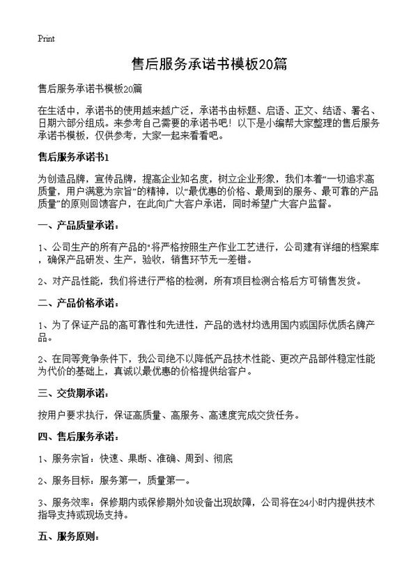 售后服务承诺书模板 (共16页)