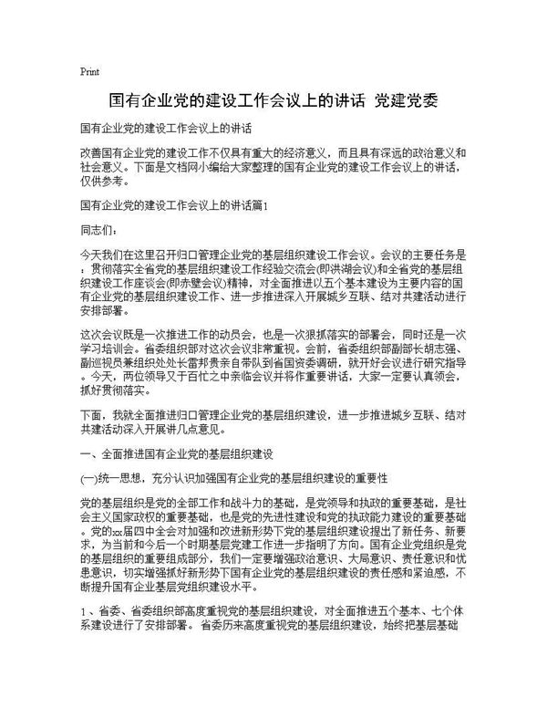 国有企业党的建设工作会议上的讲话 党建党委 (共14页)