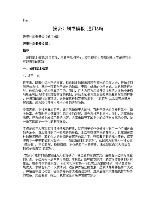 投资计划书模板(通用) (共6页)