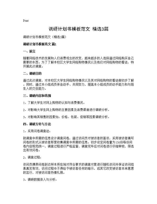 调研计划书模板范文(精选) (共6页)