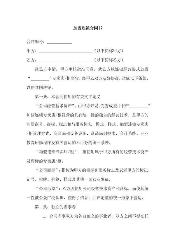 加盟连锁合同书 (共10页)