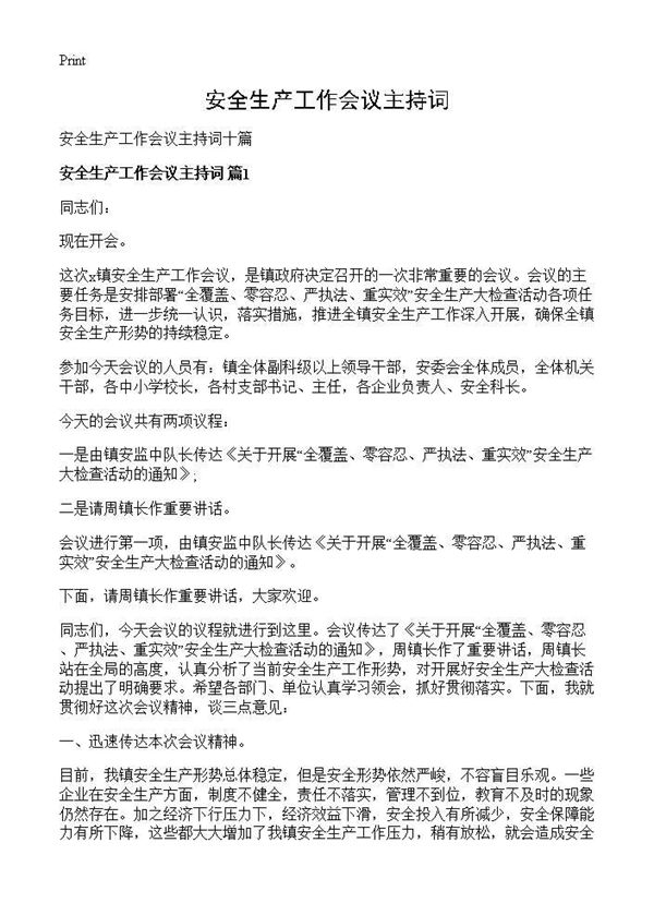 安全生产工作会议主持词 (共12页)