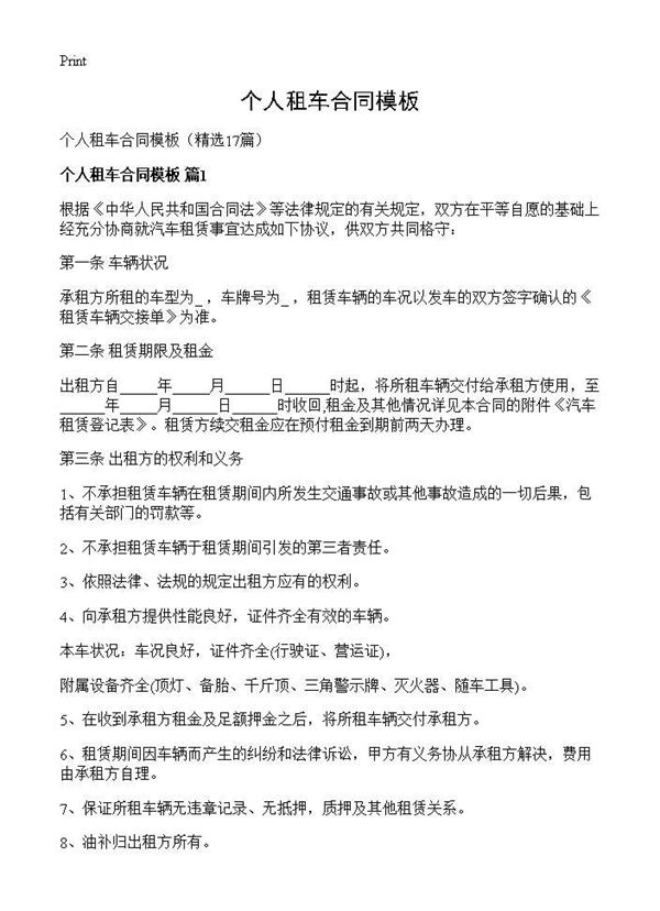 个人租车合同模板 (共30页)