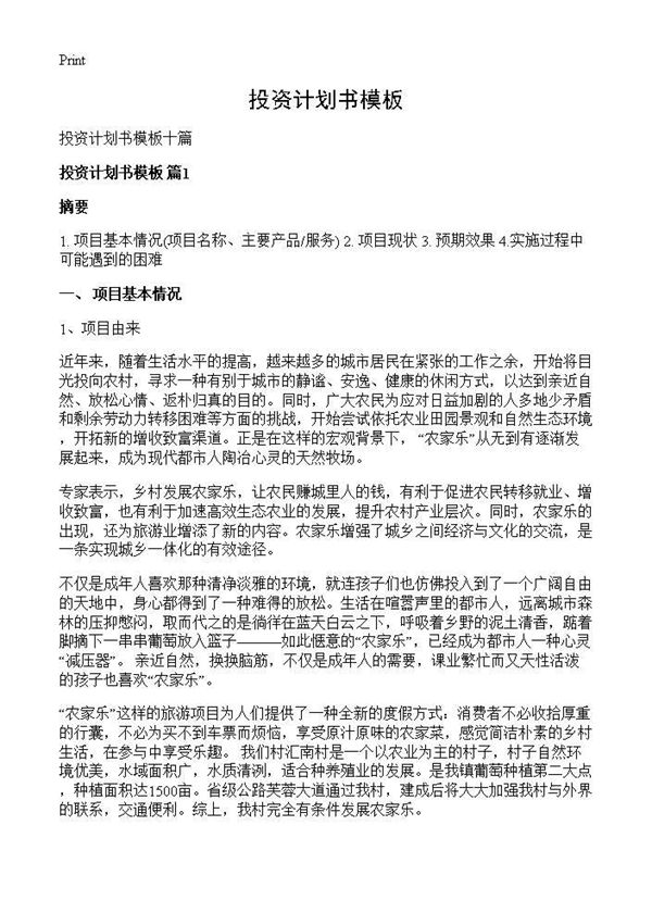 投资计划书模板 (共20页)