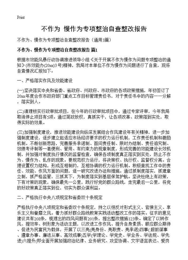 不作为 慢作为专项整治自查整改报告 (共8页)