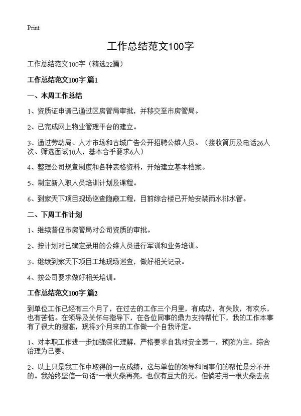工作总结范文100字 (共6页)